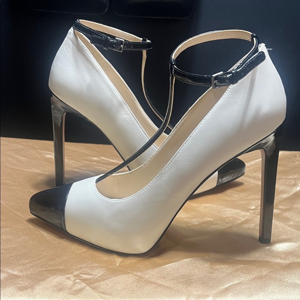 Nine West Two-Tone Pointed Toe Ankle-Strap Pumps in White and Black - Picture 2 of 7